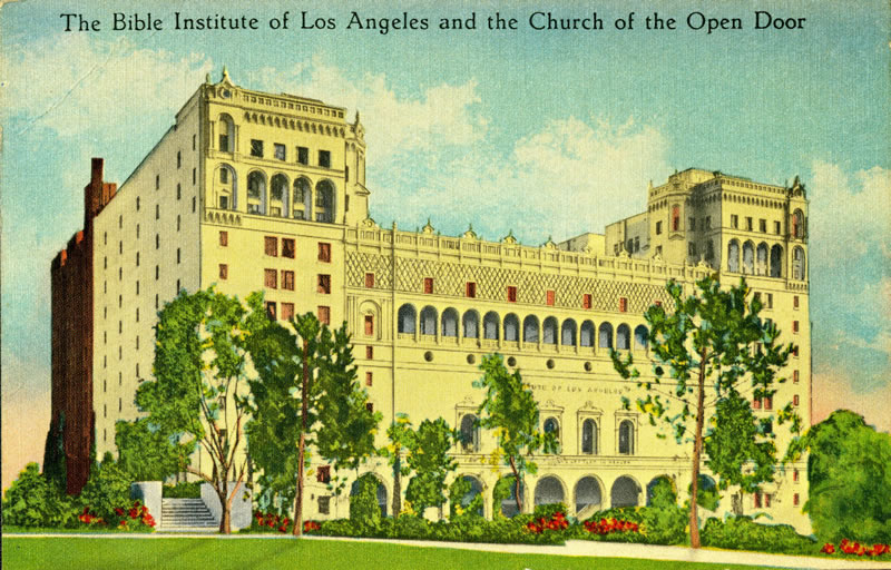 The Bible Institute of Los Angeles and the Church of the Open Door was located on Hope Street, immediately below the Los Angeles Central Library downtown. It was the predecessor institution of Biola University. Image circa 1930-1940  from a postcard in Werner von Boltenstern Postcard Collection, Department of Archives and Special Collections, William H. Hannon Library, Loyola Marymount University.