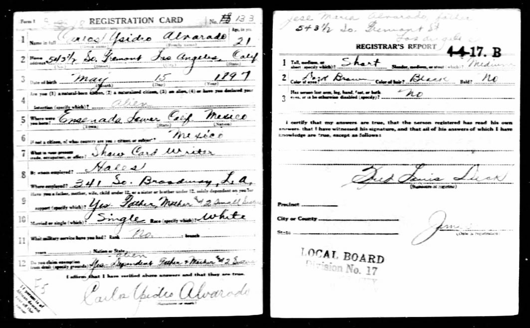 Carlos Alvarado's Draft Card for World War I