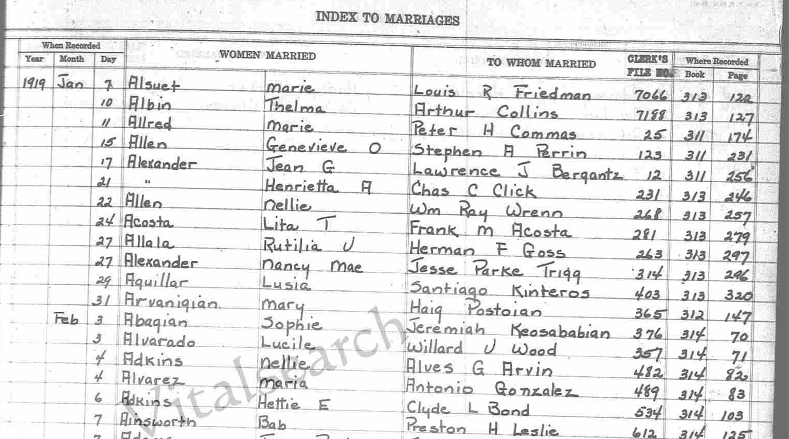 Marriage Register, Lucile Alvarado and Willard Wood, 1919