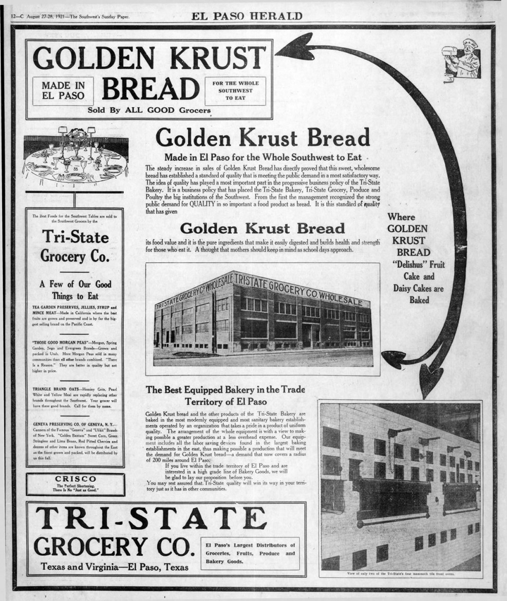 Ad for Tri-State Grocery, El Paso Herald, 27 Aug 1921