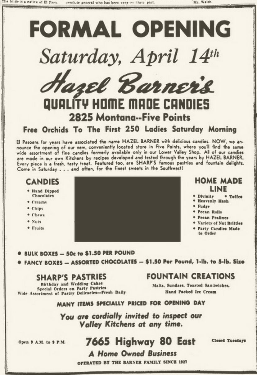 1951 newspaper ad for Hazel Barner candies