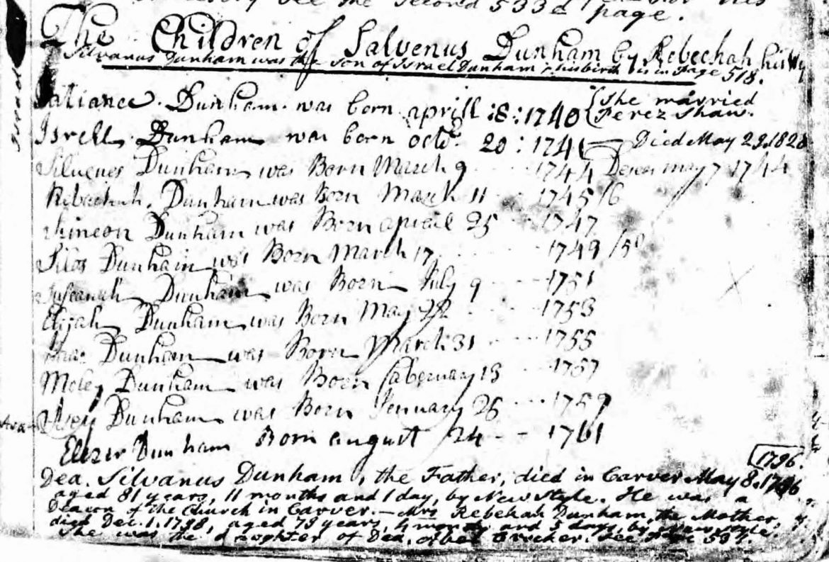 Plympton, Mass. vital records of the family of Sylvanus and Rebecca (Crocker) Dunham