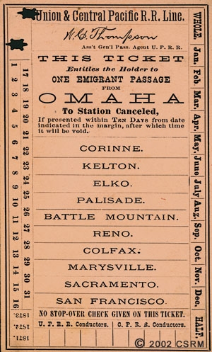 1871 ticket for the transcontinental railroad, courtesy California State Railroad Museum Library at sacramentohistory.org