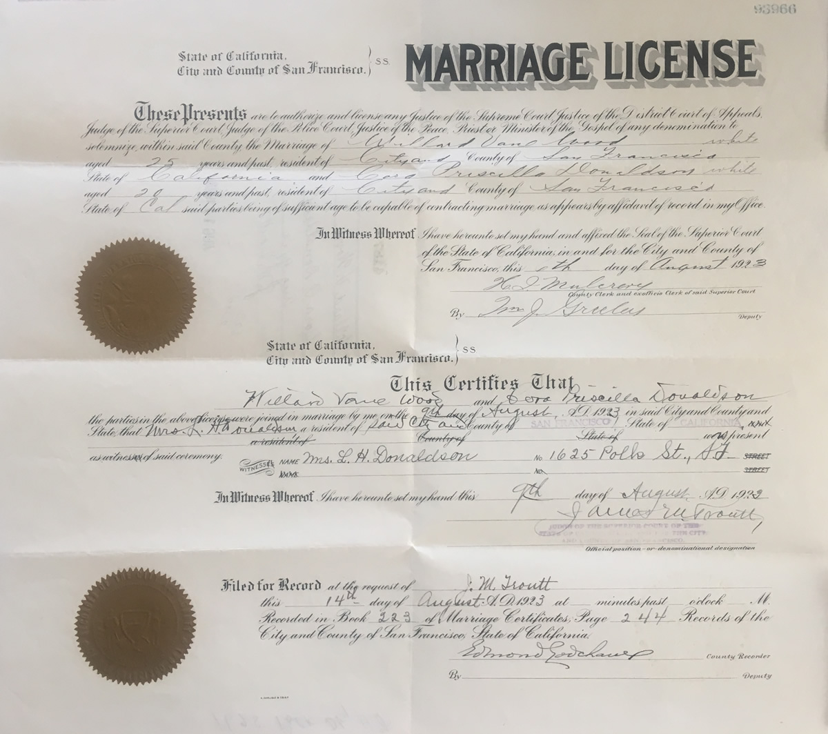 San Francisco marriage certificate of Willard Wood and Cora Donaldson