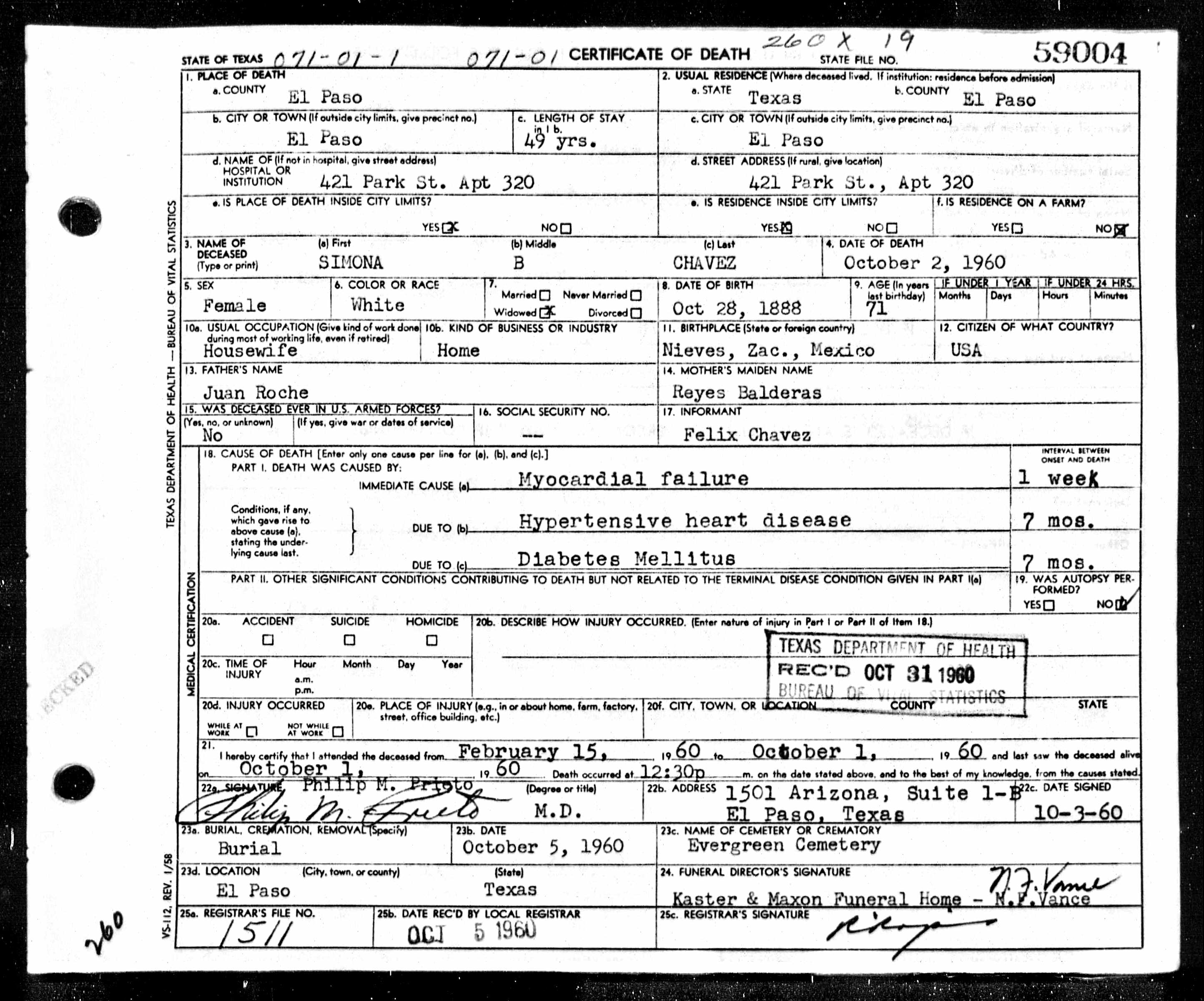 Simona Chávez Death Certificate