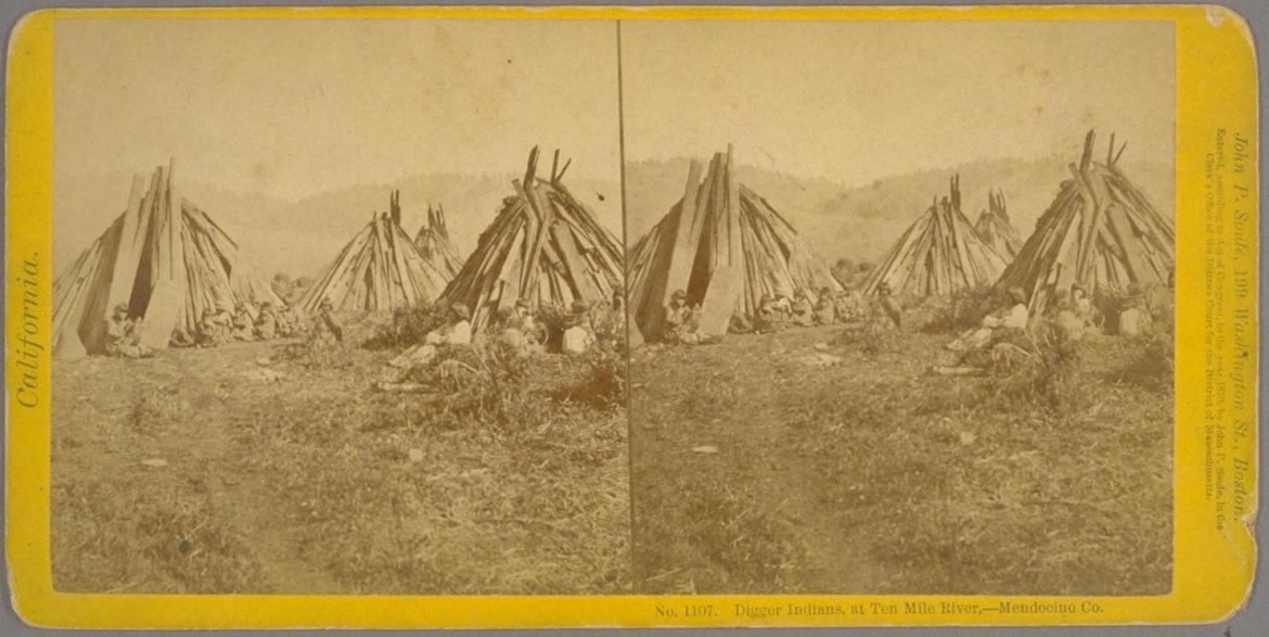 Stereoscope image of indian settlement in Mendocino County, 1870