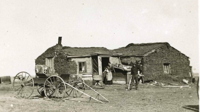 Typical sod house built by homesteaders in the Dakota Territory. Peter and Apollonia Stoltz and their children would have lived in a similar house.