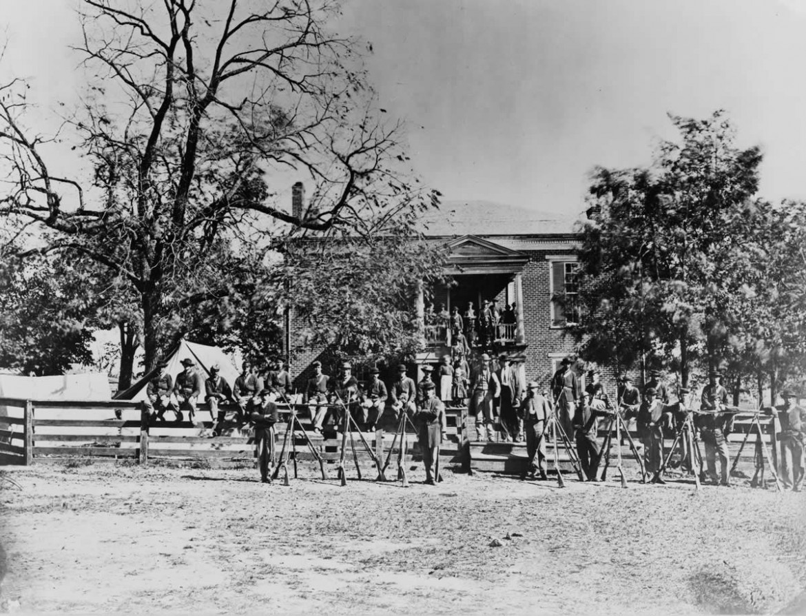 Union soldiers outside the McLean House, where the Confederate surrender was signed