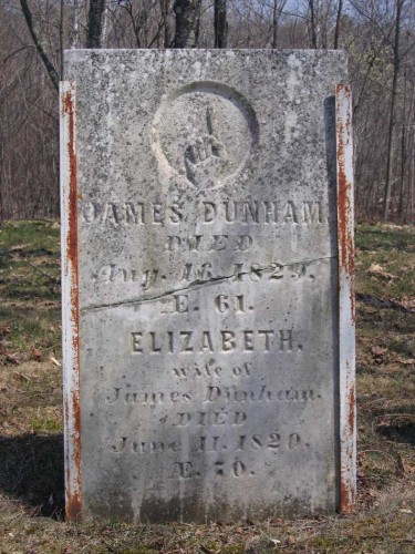 Gravestone of James Dunham (1758-1829) and Elizabeth Robbins (1758-1820) in Carmel, Penobscot, Maine