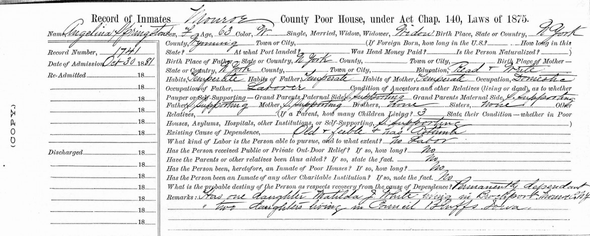 New York Census of Inmates in Almshouses and Poorhouses,1830-1920, For Angelina Springston