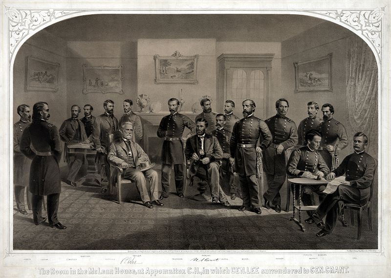 Lee surrendering to Grant at Appomattox Courthouse