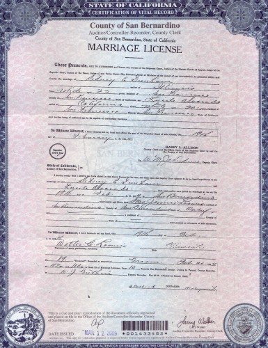 Marriage Certificate, Sumner Earl Dunham and Lucile Alvarado, 1924