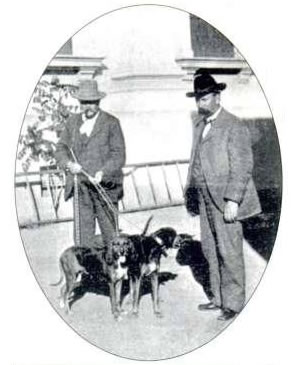 Sheriff Ballou of San Luis Obispo and Sheriff James Lyndon of Santa Clara use bloodhounds to search for James C. Dunham