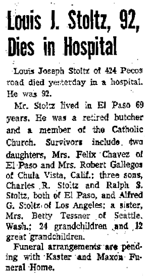 Obituary of Louis Stoltz, El Paso Herald Post, 4 Nov 1958