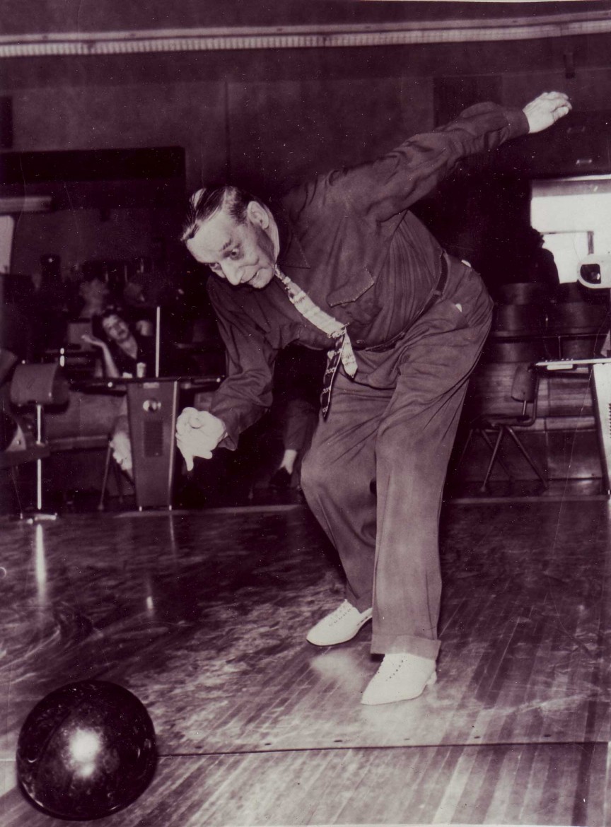 Ludwig Josef "Louis" Stoltz (1866-1958) bowling on his 90th birthday