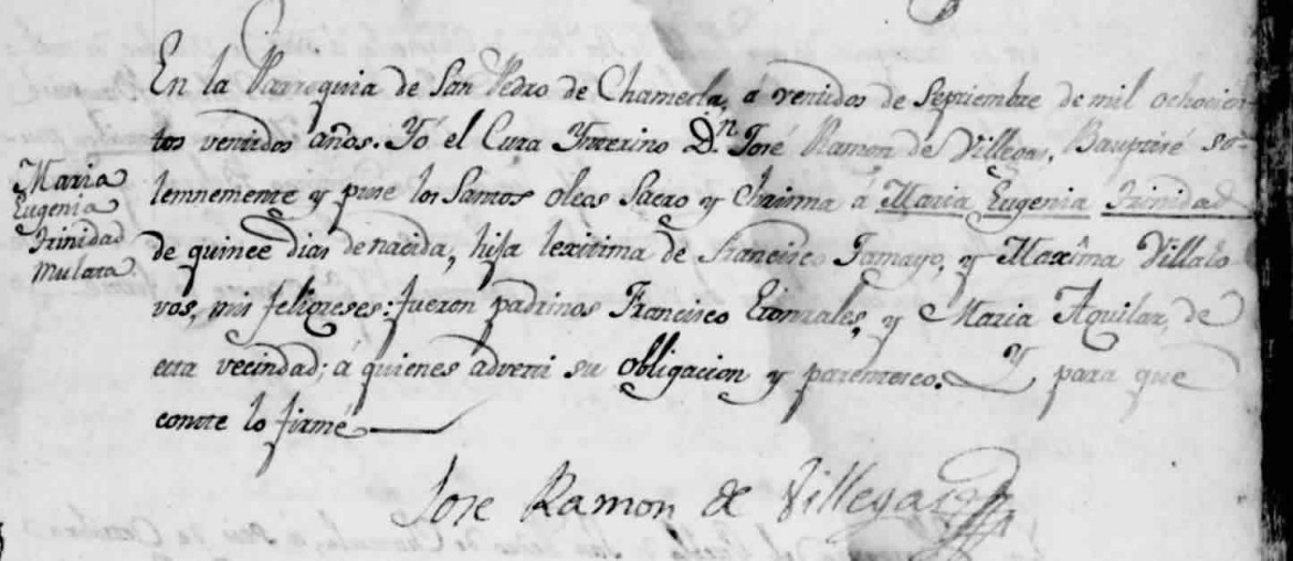 Baptismal Record of María Eugenia Trinidad Tamayo, 1822