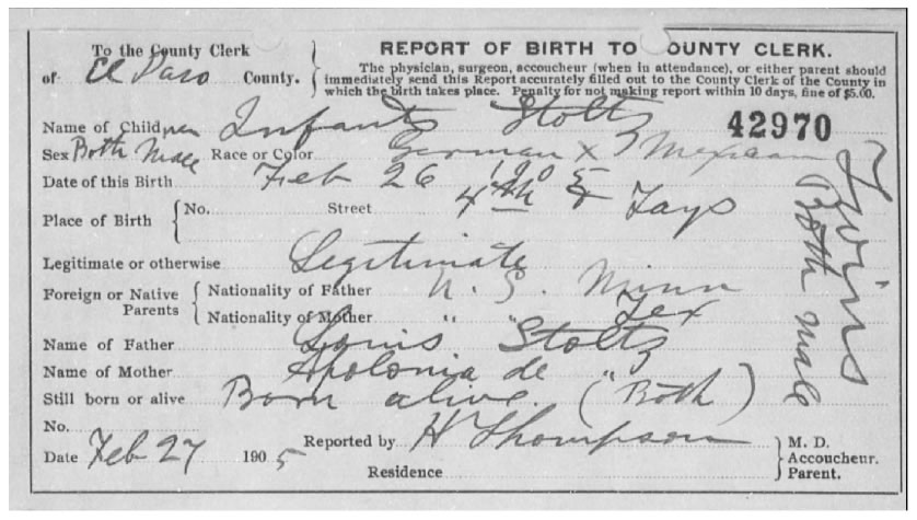 Birth Record of Stoltz Twins, 1905