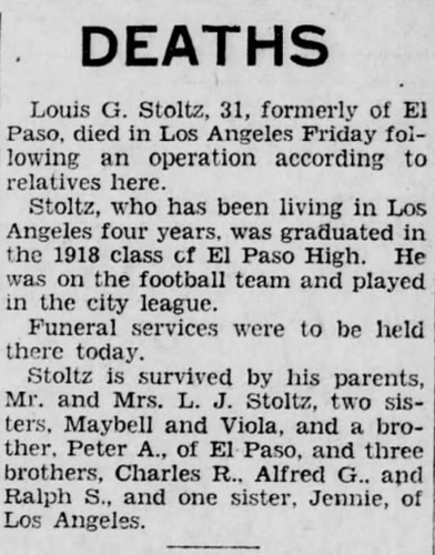 Death Notice of Louis G. Stoltz, El Paso Evening Post, 3 Nov 1928