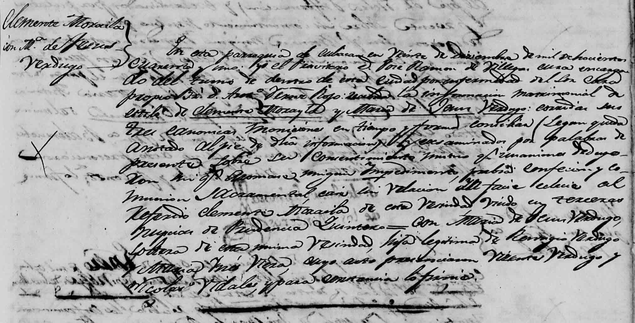Marriage Record of Clemente Moraila and María de Jesús Verdugo from the Cathedral of San Miguel, Culiacán