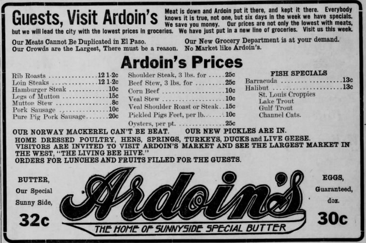 1911 newspaper ad for Ardoin's Market, where Louis Stoltz worked.