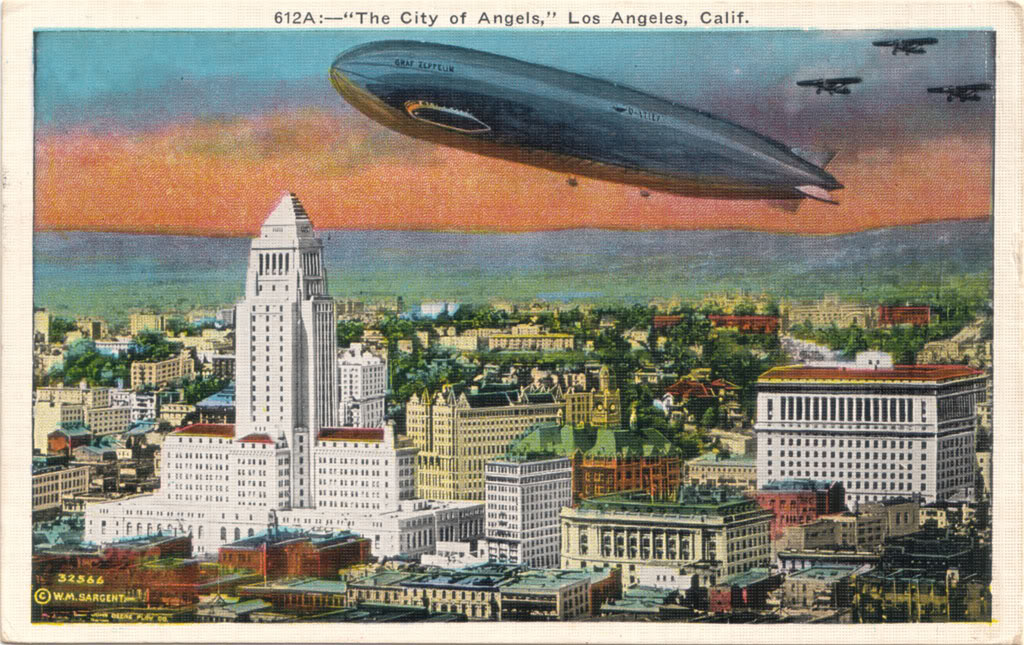 Postcard depicting Graf Zeppelin over Los Angeles during its 1929 world tour.