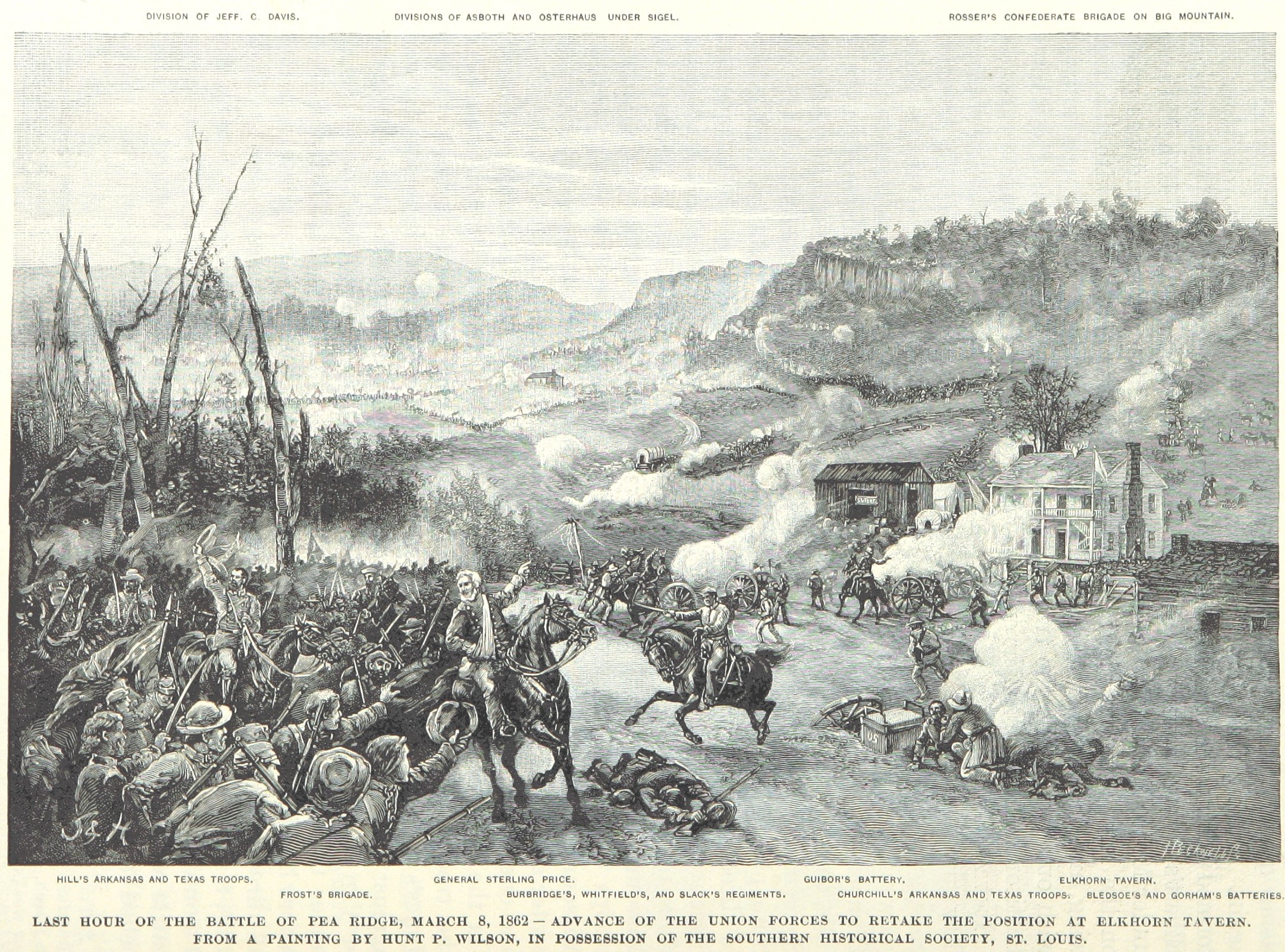 The last hour of the Battle of Pea Ridge. Union forces advance to retake the position near Elkhorn Tavern, p. 58 of the 1887 book “Battles and Leaders of the Civil War, being for the most part contributions by Union and Confederate officers, based upon ‘the Century War Series’”, volume 1, Robert Underwood Johnson and Clarence Clough Buel (authors). From a painting by Hunt P. Wilson.