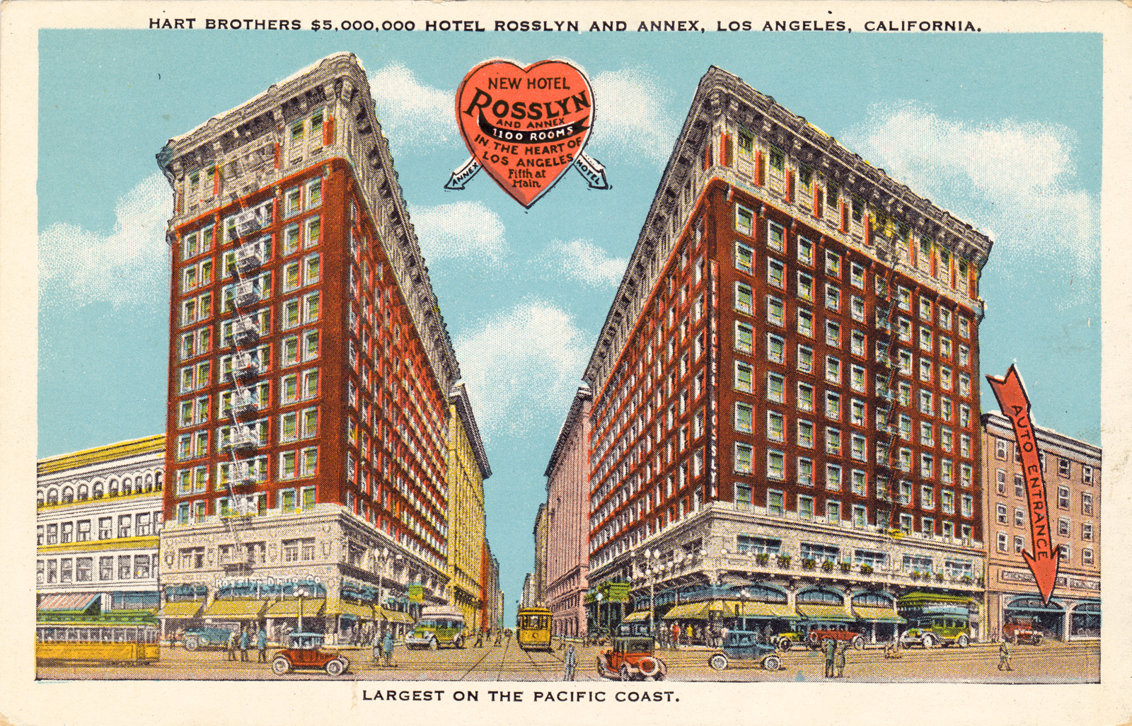 Postcard of the Rosslyn Hotel, still remaining in downtown Los Angeles as affordable housing.