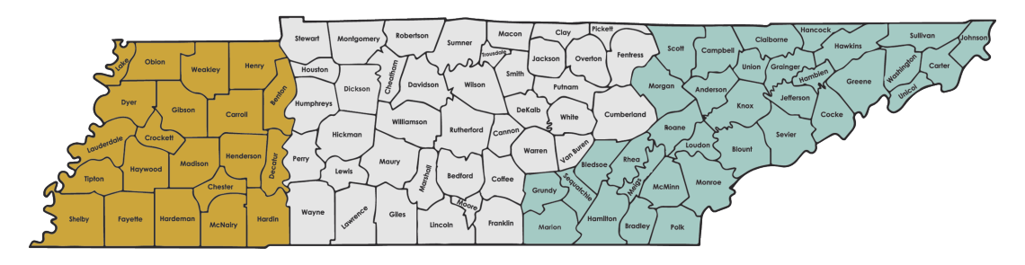The Grand Divisions of Tennessee: West, Middle and East