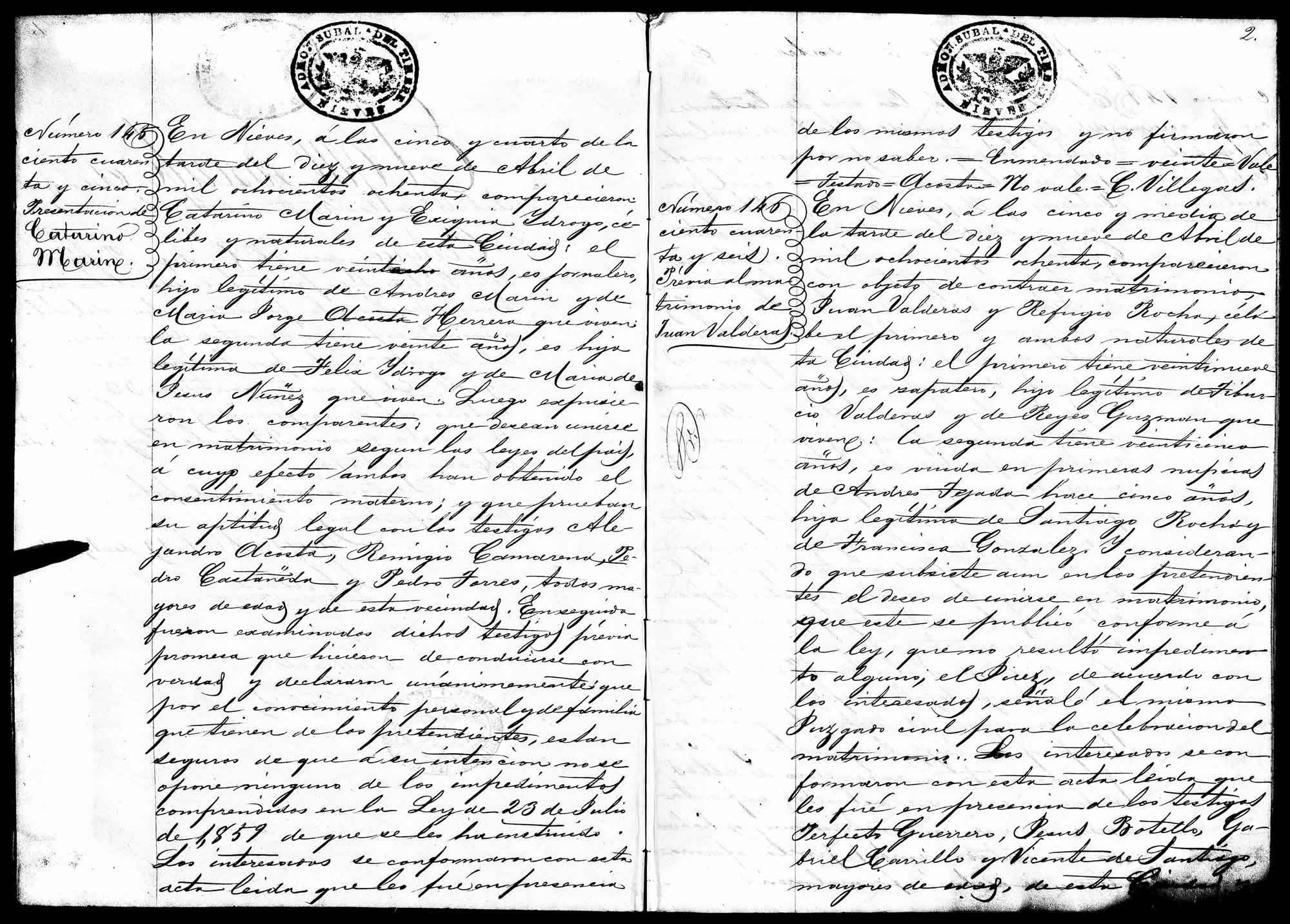 Nieves marriage record for Juan Balderas and Refugio Rocha, #146